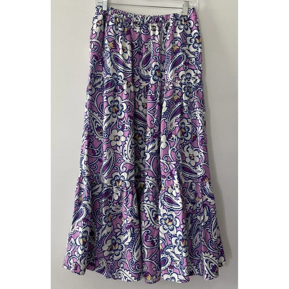 LOFT Beach Tiered Maxi Skirt Purple Blue Floral Paisley Linen Blend Size M-(dmp)